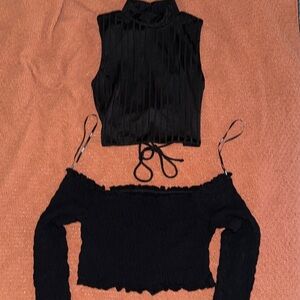 Black Ribbed Crop Tank & Off-Shoulder Long Sleeve Top Set - Women